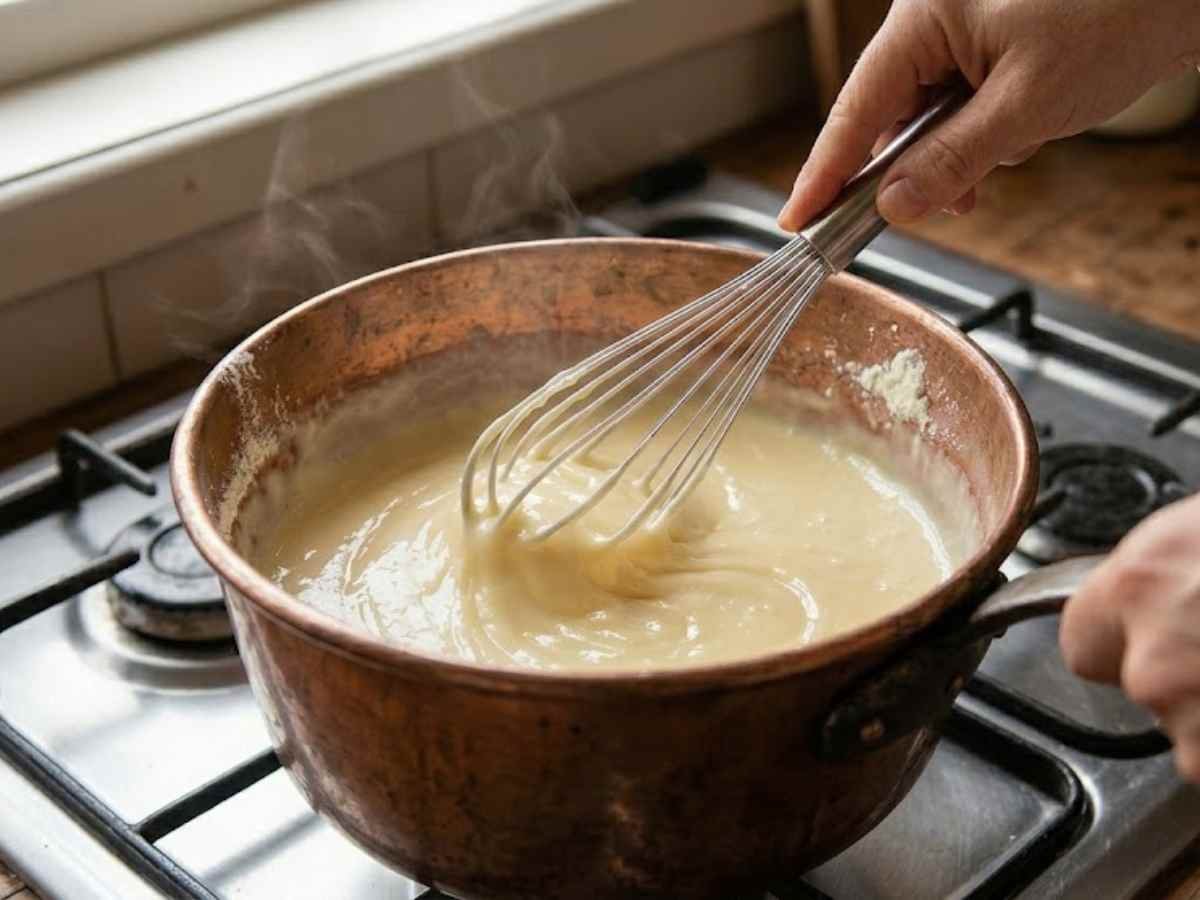 Passo 1 da Receita de Ovo de Páscoa de Travessa - Começando a mágica na panela de fundo grosso: mexendo o creme de leite em pó com o batedor de arame até atingir a textura sedosa e densa do 'moça mole'.