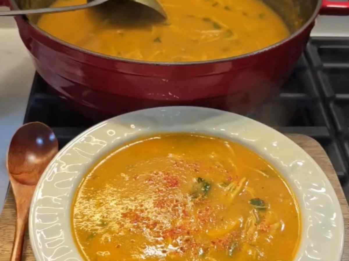 Sopa cremosa de legumes com frango desfiado numa tigela de sopa funda
