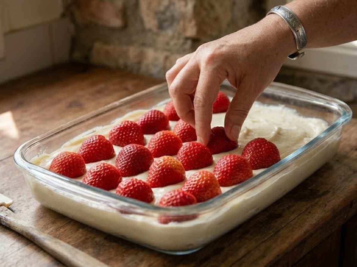 Passo 2 da Receita de Ovo de Páscoa de Travessa - A montagem da sedução: acomodando os morangos inteiros e bem secos, lado a lado, sobre a camada de creme branco na travessa de vidro transparente.