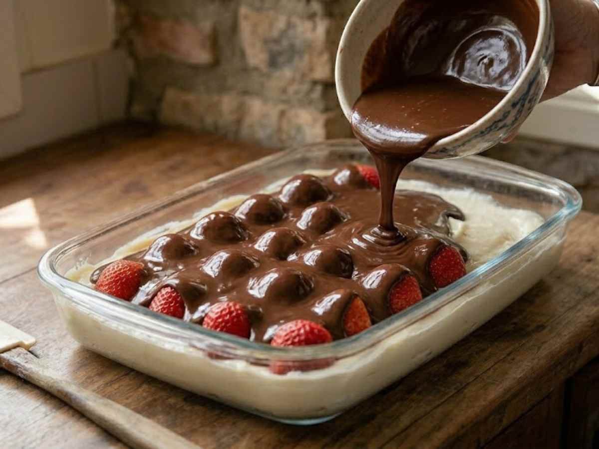 Passo 3 da Receita de Ovo de Páscoa de Travessa - Cobertura de chocolate brilhante sendo finalizada.