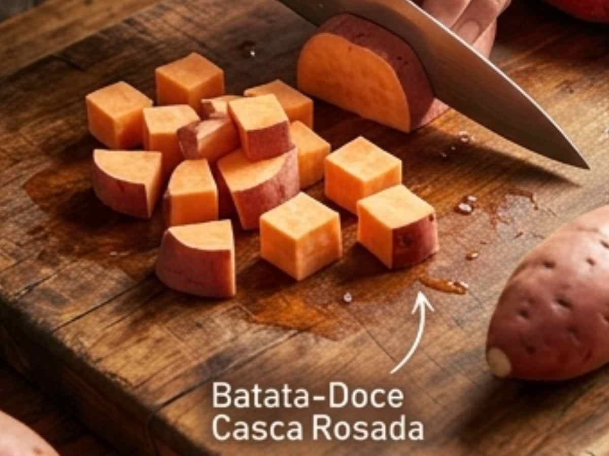 Passo 1 da Receita de Batata-Doce na Air Fryer - cortando as batatas-doces em cubos uniformes sobre uma tábua de madeira.