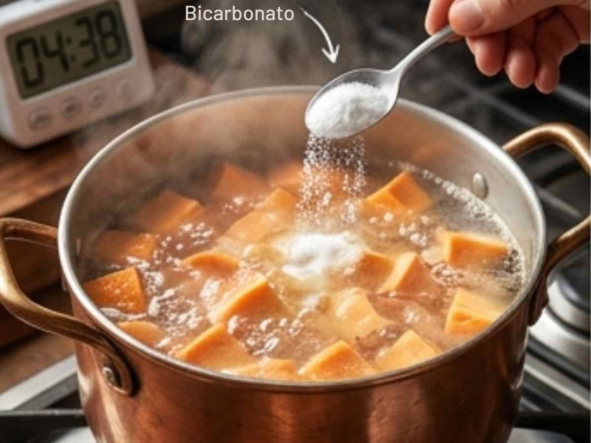 Passo 2 da Receita de Batata-Doce na Air Fryer - tacando as batatas na água fervente com bicarbonato para criar a superfície porosa.